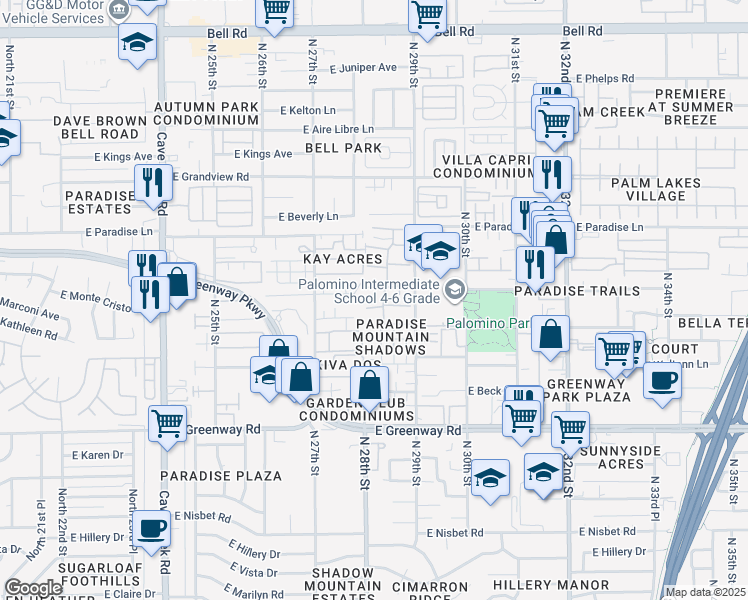 map of restaurants, bars, coffee shops, grocery stores, and more near 2814 East Marconi Avenue in Phoenix