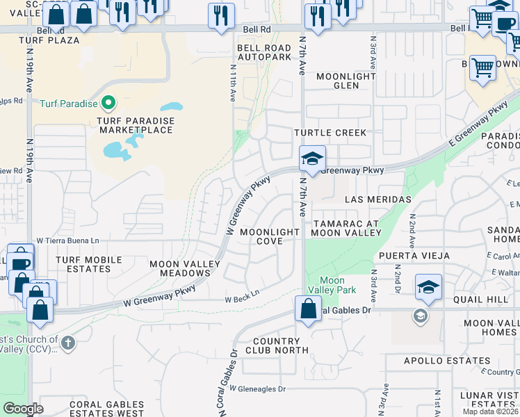 map of restaurants, bars, coffee shops, grocery stores, and more near 1119 West Le Marche Avenue in Phoenix