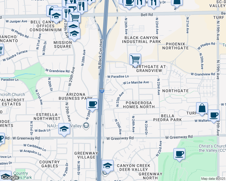 map of restaurants, bars, coffee shops, grocery stores, and more near 16047 North 25th Drive in Phoenix
