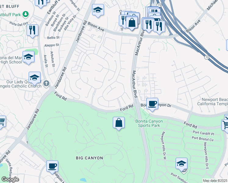 map of restaurants, bars, coffee shops, grocery stores, and more near 64 Belcourt Drive in Newport Beach