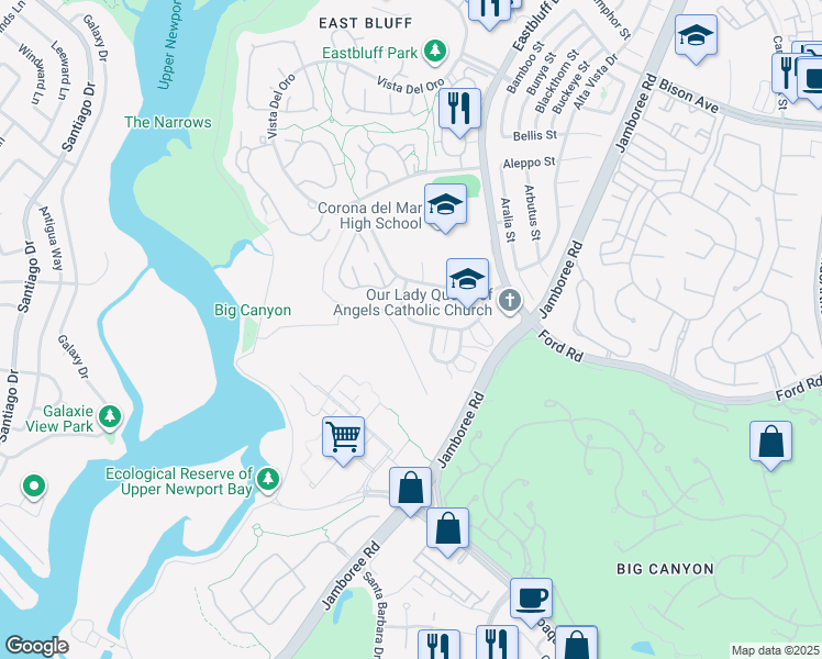 map of restaurants, bars, coffee shops, grocery stores, and more near 750 Domingo Drive in Newport Beach