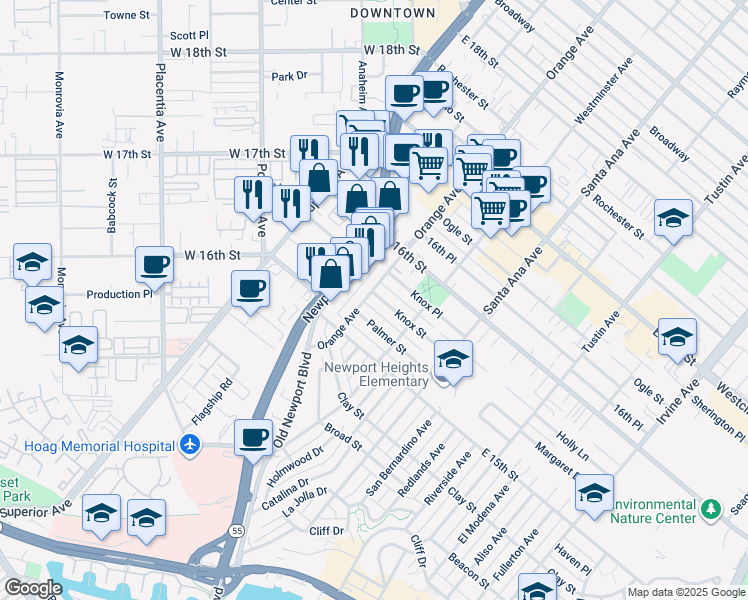 map of restaurants, bars, coffee shops, grocery stores, and more near 1560a Orange Avenue in Costa Mesa