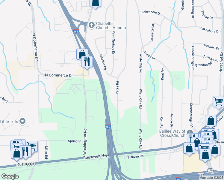 map of restaurants, bars, coffee shops, grocery stores, and more near 4585 Yates Road in Atlanta