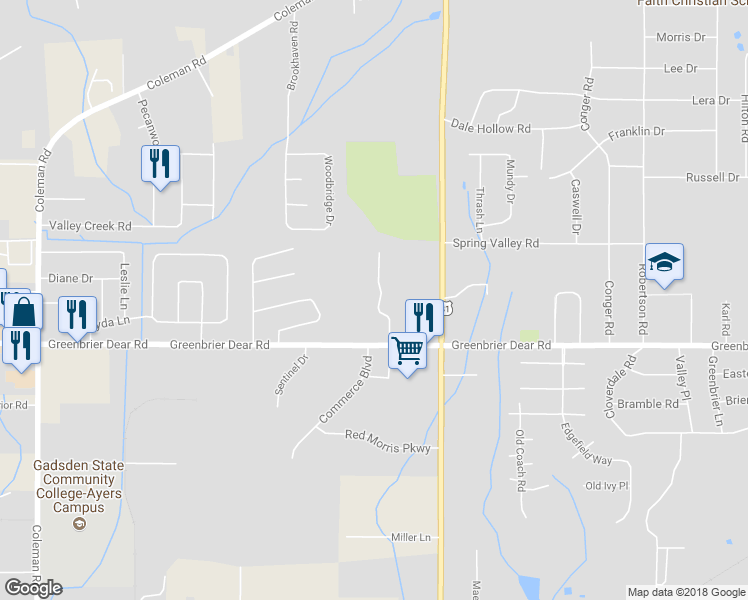 map of restaurants, bars, coffee shops, grocery stores, and more near 1300 Birchwood Drive in Anniston