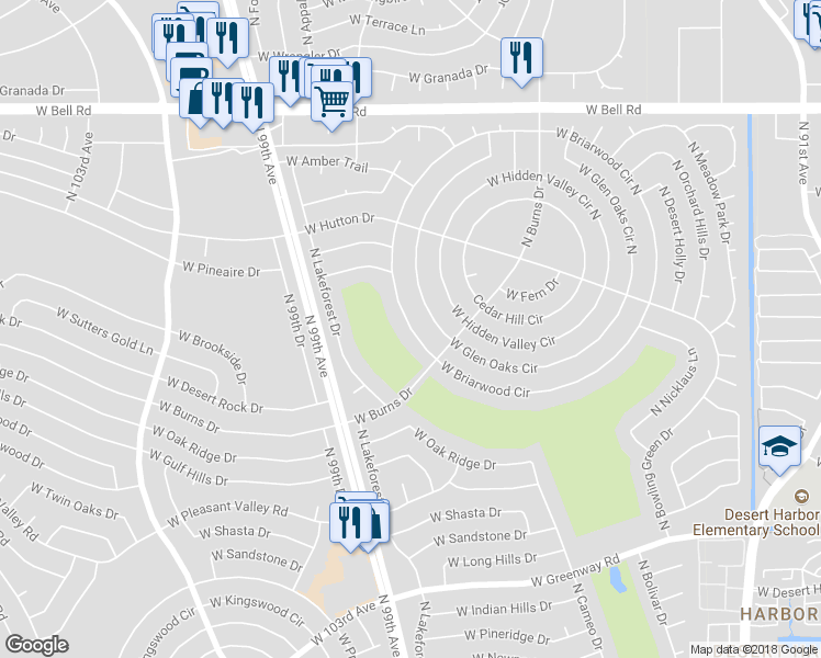 map of restaurants, bars, coffee shops, grocery stores, and more near West Briarwood Circle in Sun City