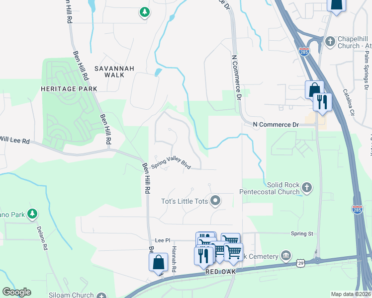 map of restaurants, bars, coffee shops, grocery stores, and more near 4575 Spring Valley Pkwy in Atlanta