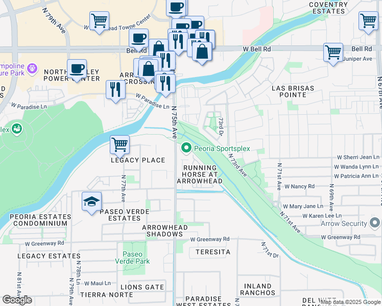 map of restaurants, bars, coffee shops, grocery stores, and more near 16072 North 74th Drive in Peoria