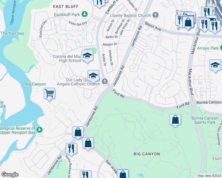 map of restaurants, bars, coffee shops, grocery stores, and more near 38 Sea Island Drive in Newport Beach