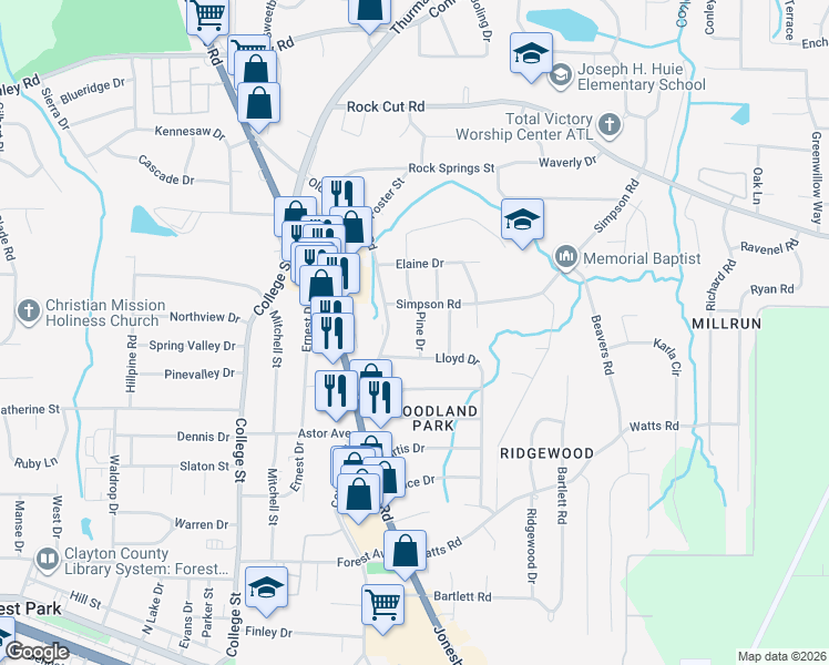 map of restaurants, bars, coffee shops, grocery stores, and more near 4537 Pine Drive in Forest Park