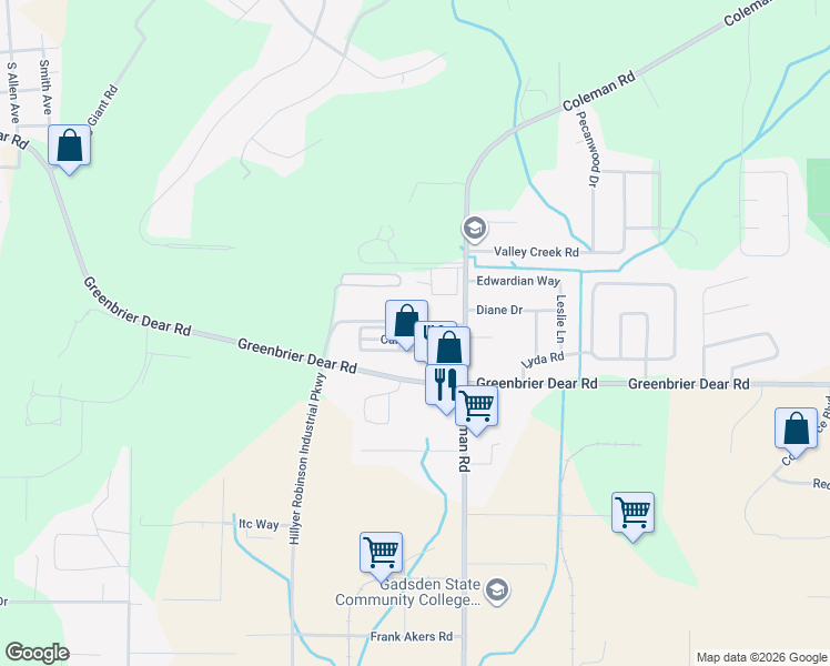 map of restaurants, bars, coffee shops, grocery stores, and more near 2300 Coleman Road in Anniston