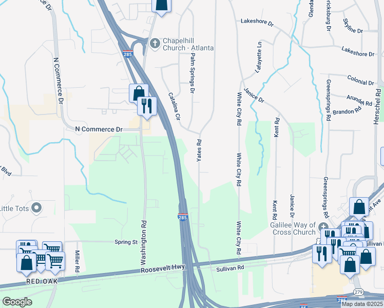 map of restaurants, bars, coffee shops, grocery stores, and more near 4585 Yates Road in Atlanta