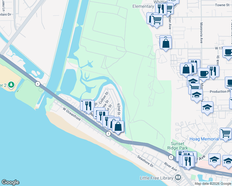 map of restaurants, bars, coffee shops, grocery stores, and more near 476 62nd Street in Newport Beach