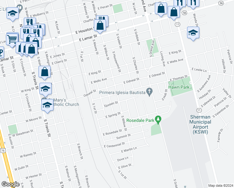 map of restaurants, bars, coffee shops, grocery stores, and more near 898 East Thomas Street in Sherman