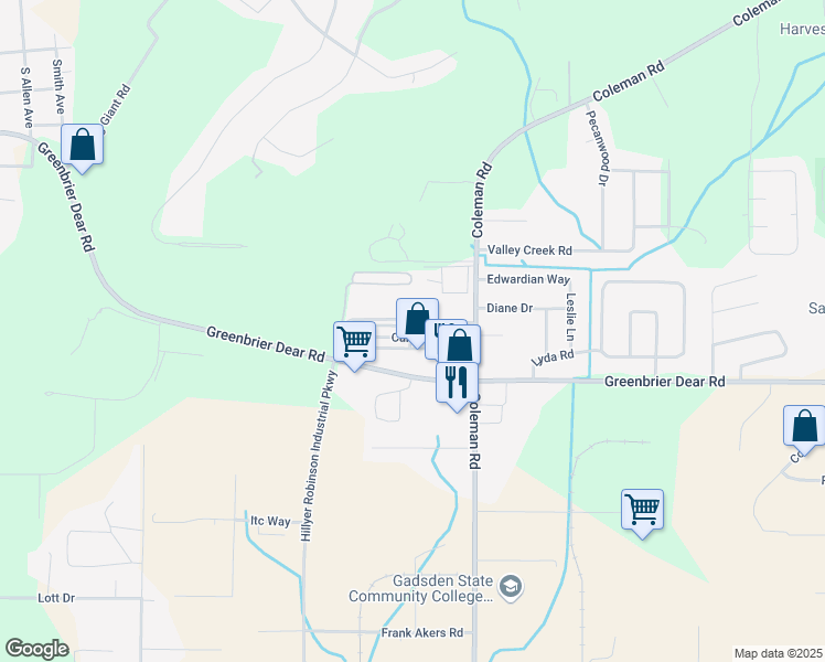 map of restaurants, bars, coffee shops, grocery stores, and more near 1401 Cambridge Place in Anniston