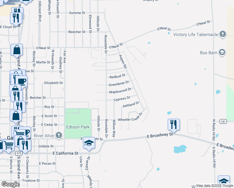 map of restaurants, bars, coffee shops, grocery stores, and more near 2005 Maplewood Drive in Gainesville
