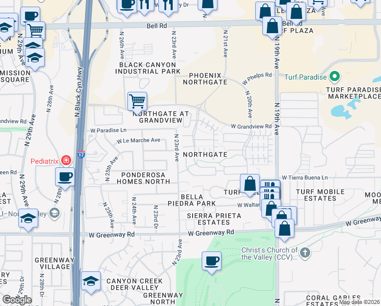 map of restaurants, bars, coffee shops, grocery stores, and more near 2222 West Faria Lane in Phoenix