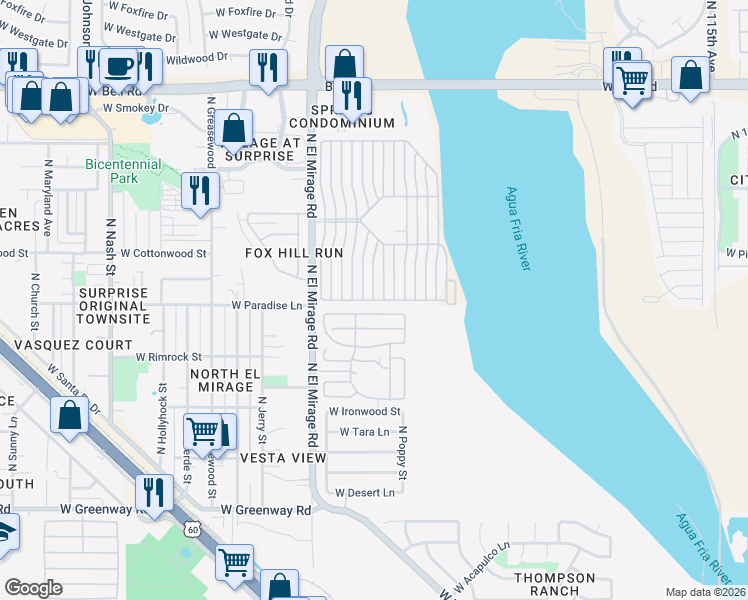 map of restaurants, bars, coffee shops, grocery stores, and more near Primrose Ln in Surprise