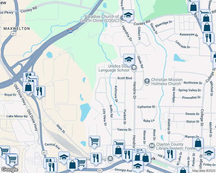 map of restaurants, bars, coffee shops, grocery stores, and more near 4523 Burks Road in Forest Park