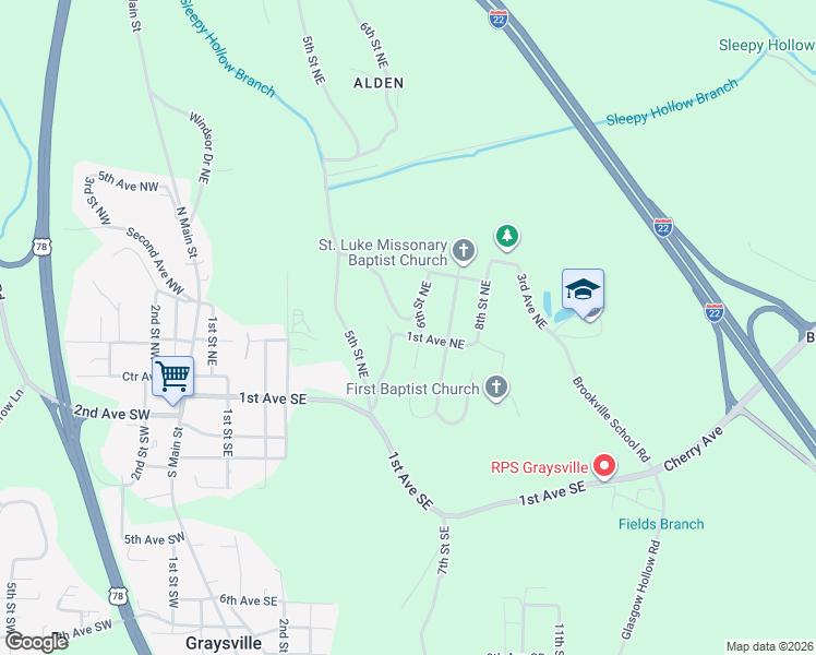 map of restaurants, bars, coffee shops, grocery stores, and more near 200 6th Street Northeast in Graysville