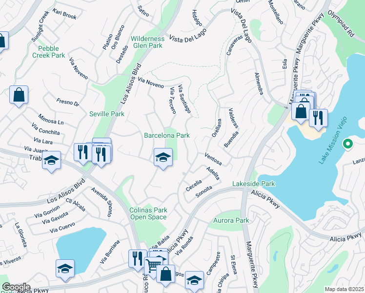 map of restaurants, bars, coffee shops, grocery stores, and more near 22801 Vía Santiago in Mission Viejo