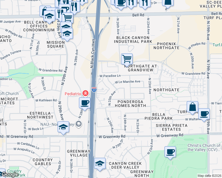 map of restaurants, bars, coffee shops, grocery stores, and more near 16047 North 25th Drive in Phoenix