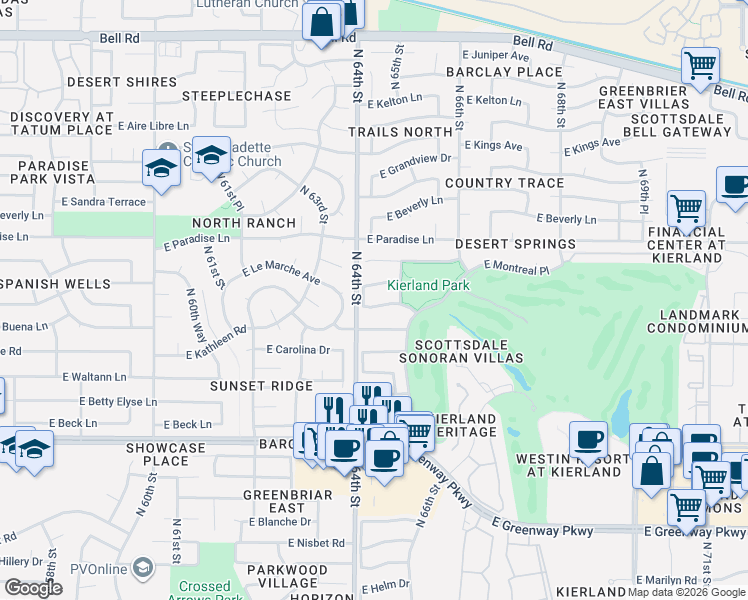 map of restaurants, bars, coffee shops, grocery stores, and more near 6421 East Le Marche Avenue in Scottsdale