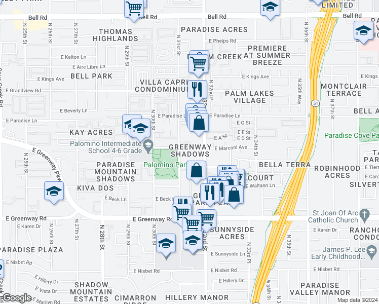 map of restaurants, bars, coffee shops, grocery stores, and more near in Phoenix