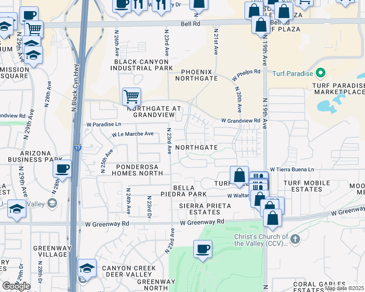 map of restaurants, bars, coffee shops, grocery stores, and more near 2222 West Faria Lane in Phoenix