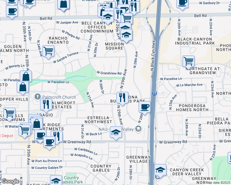 map of restaurants, bars, coffee shops, grocery stores, and more near 16023 North 30th Avenue in Phoenix