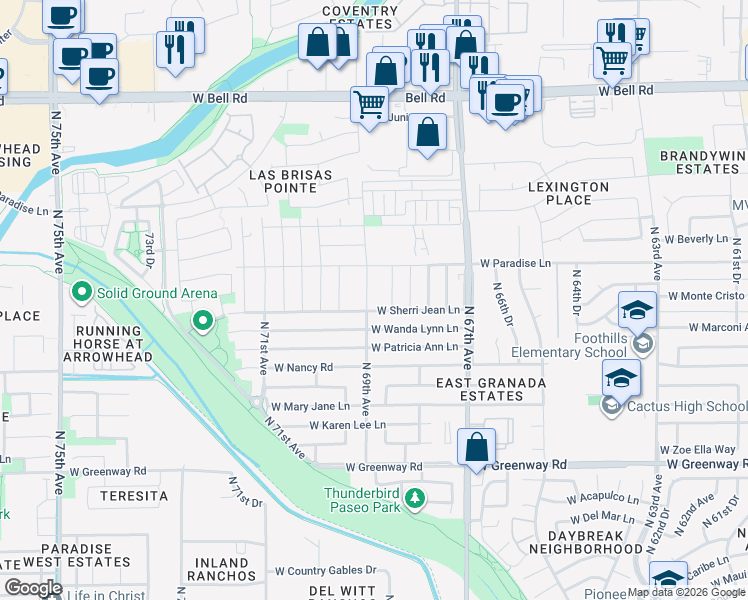 map of restaurants, bars, coffee shops, grocery stores, and more near 16032 North 68th Drive in Peoria