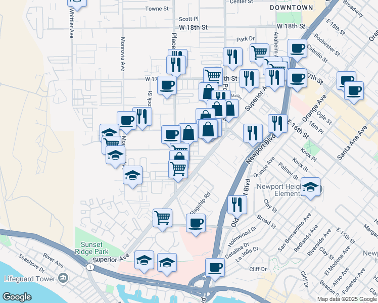 map of restaurants, bars, coffee shops, grocery stores, and more near 64 Ebb Tide Circle in Newport Beach