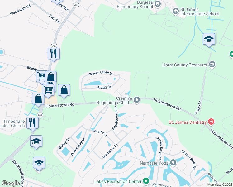 map of restaurants, bars, coffee shops, grocery stores, and more near 320 Paddington Court in Myrtle Beach
