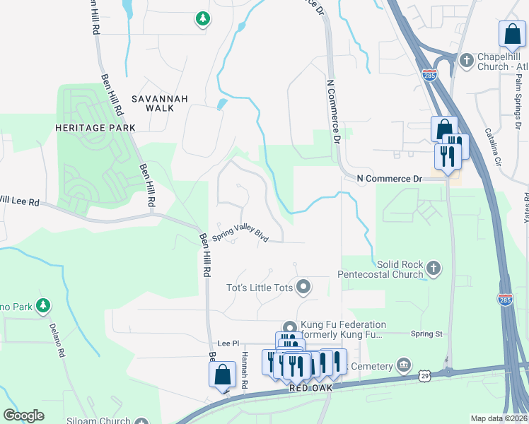 map of restaurants, bars, coffee shops, grocery stores, and more near 4575 Spring Valley Parkway in Atlanta