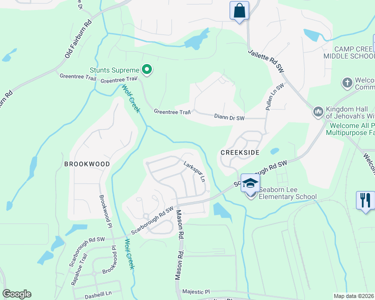 map of restaurants, bars, coffee shops, grocery stores, and more near 4885 Antelope Cove in Atlanta