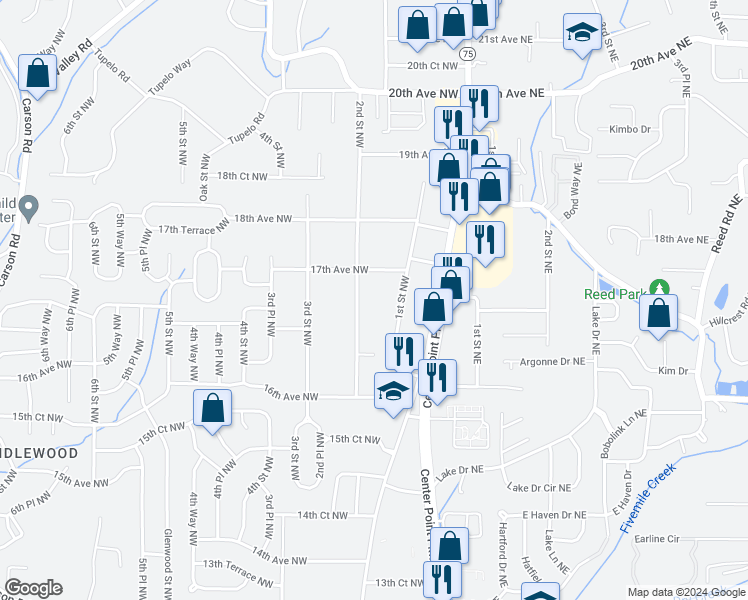 map of restaurants, bars, coffee shops, grocery stores, and more near 1657 2nd Street Northwest in Center Point