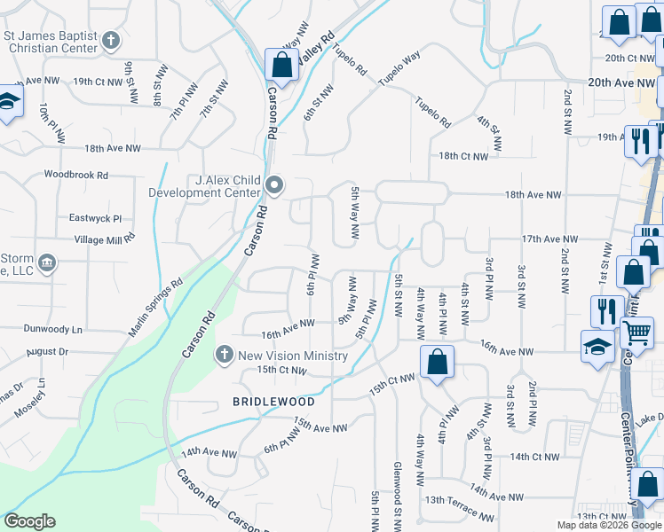 map of restaurants, bars, coffee shops, grocery stores, and more near 1704 6th Street Northwest in Center Point