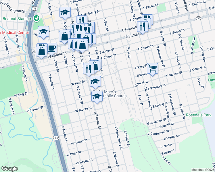 map of restaurants, bars, coffee shops, grocery stores, and more near 625 South Montgomery Street in Sherman