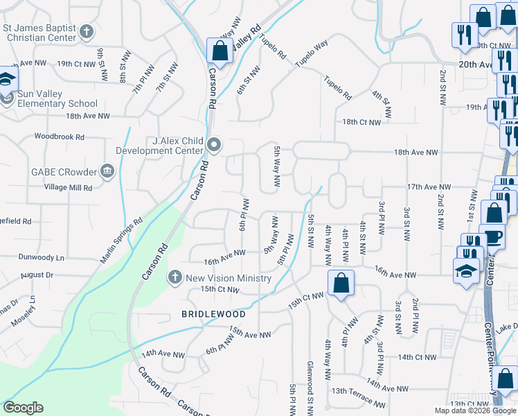 map of restaurants, bars, coffee shops, grocery stores, and more near 1704 6th Street Northwest in Center Point
