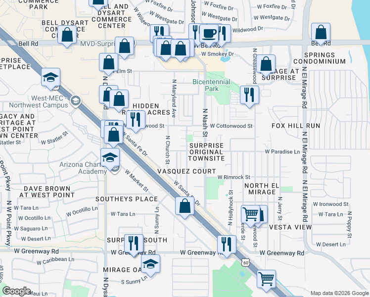 map of restaurants, bars, coffee shops, grocery stores, and more near 16223 North Desert Sage Street in Surprise