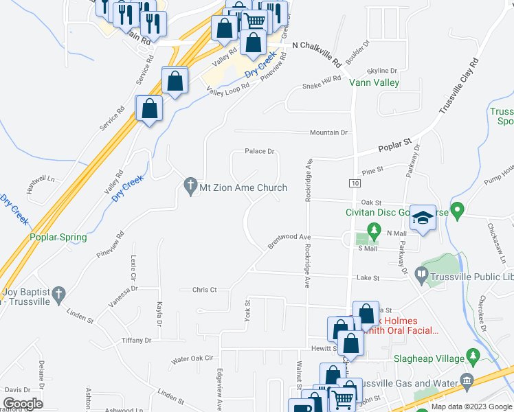map of restaurants, bars, coffee shops, grocery stores, and more near 300 Palace Drive in Trussville