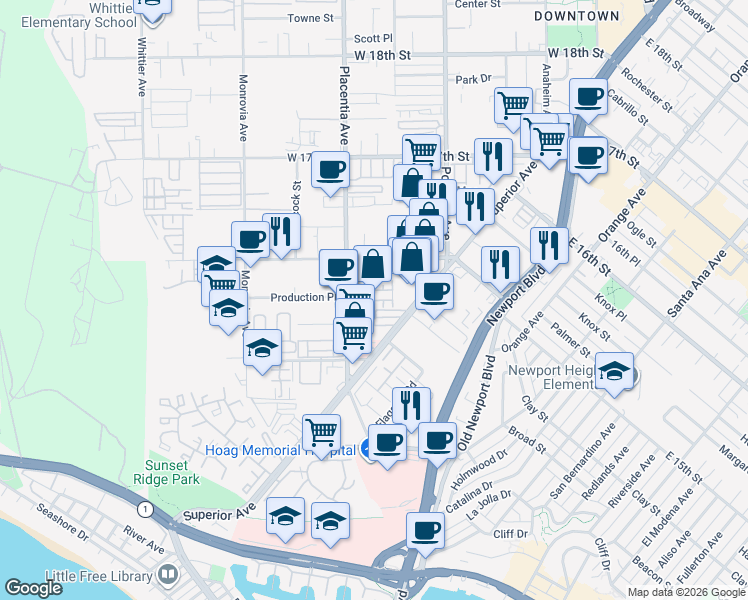 map of restaurants, bars, coffee shops, grocery stores, and more near 32 Ebb Tide Circle in Newport Beach
