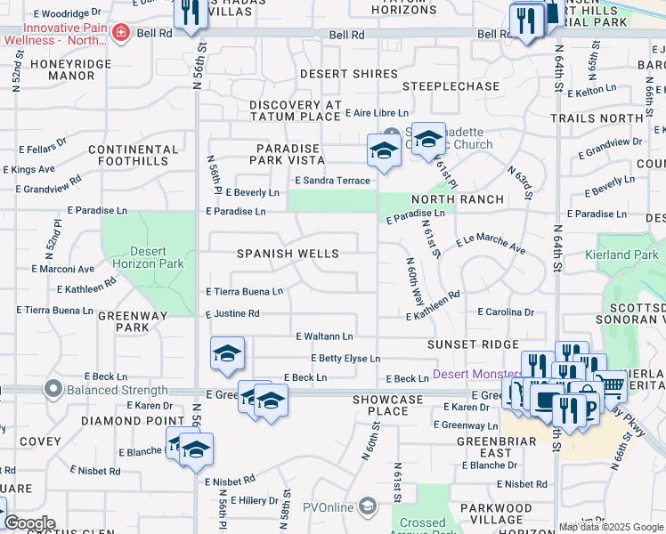 map of restaurants, bars, coffee shops, grocery stores, and more near 5850 East Kathleen Road in Scottsdale