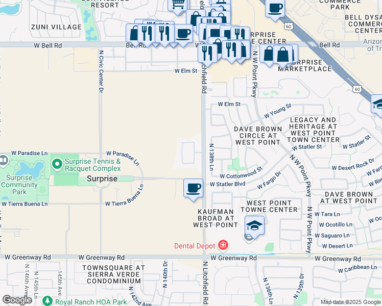 map of restaurants, bars, coffee shops, grocery stores, and more near 16230 North Litchfield Road in Surprise