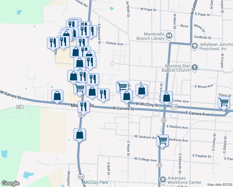 map of restaurants, bars, coffee shops, grocery stores, and more near 632 West Trotter Street in Monticello