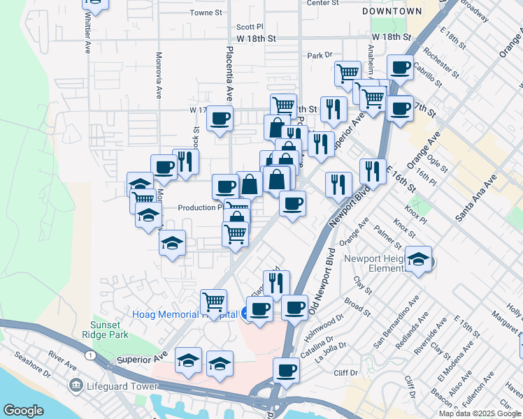 map of restaurants, bars, coffee shops, grocery stores, and more near 2 Ebb Tide Circle in Newport Beach