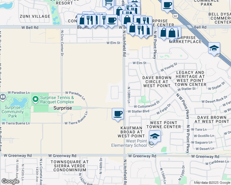 map of restaurants, bars, coffee shops, grocery stores, and more near 16475 North Litchfield Road in Surprise
