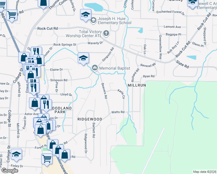 map of restaurants, bars, coffee shops, grocery stores, and more near 1336 Lori Court in Conley
