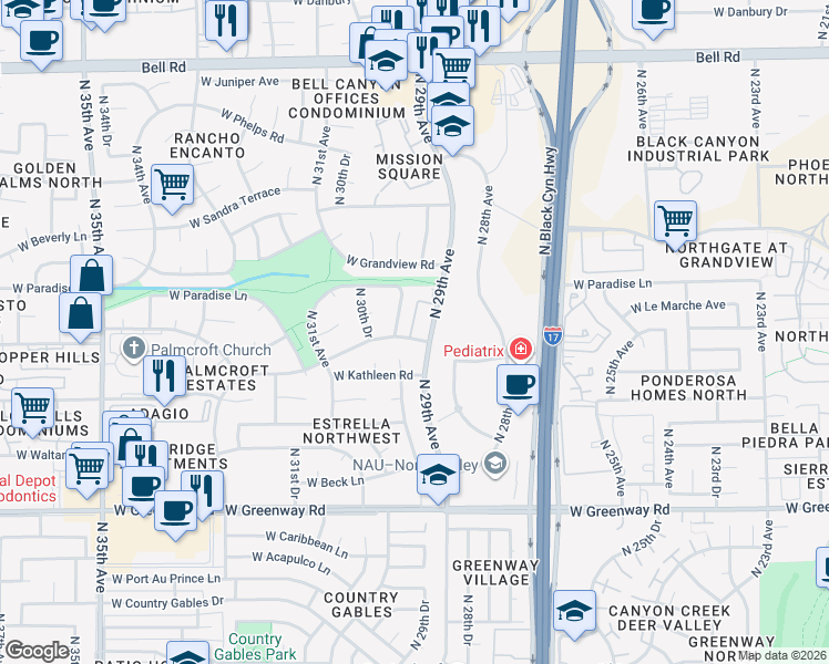 map of restaurants, bars, coffee shops, grocery stores, and more near 16023 North 30th Avenue in Phoenix