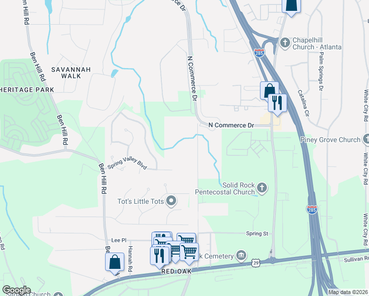 map of restaurants, bars, coffee shops, grocery stores, and more near 4655 Campbell Drive in College Park