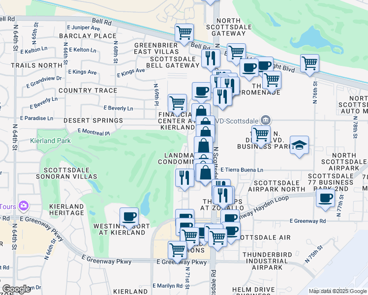 map of restaurants, bars, coffee shops, grocery stores, and more near 15802 North 71st Street in Scottsdale